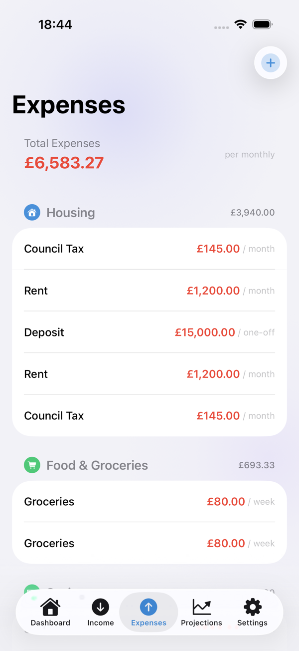 Expense tracking screen showing categorised recurring expenses