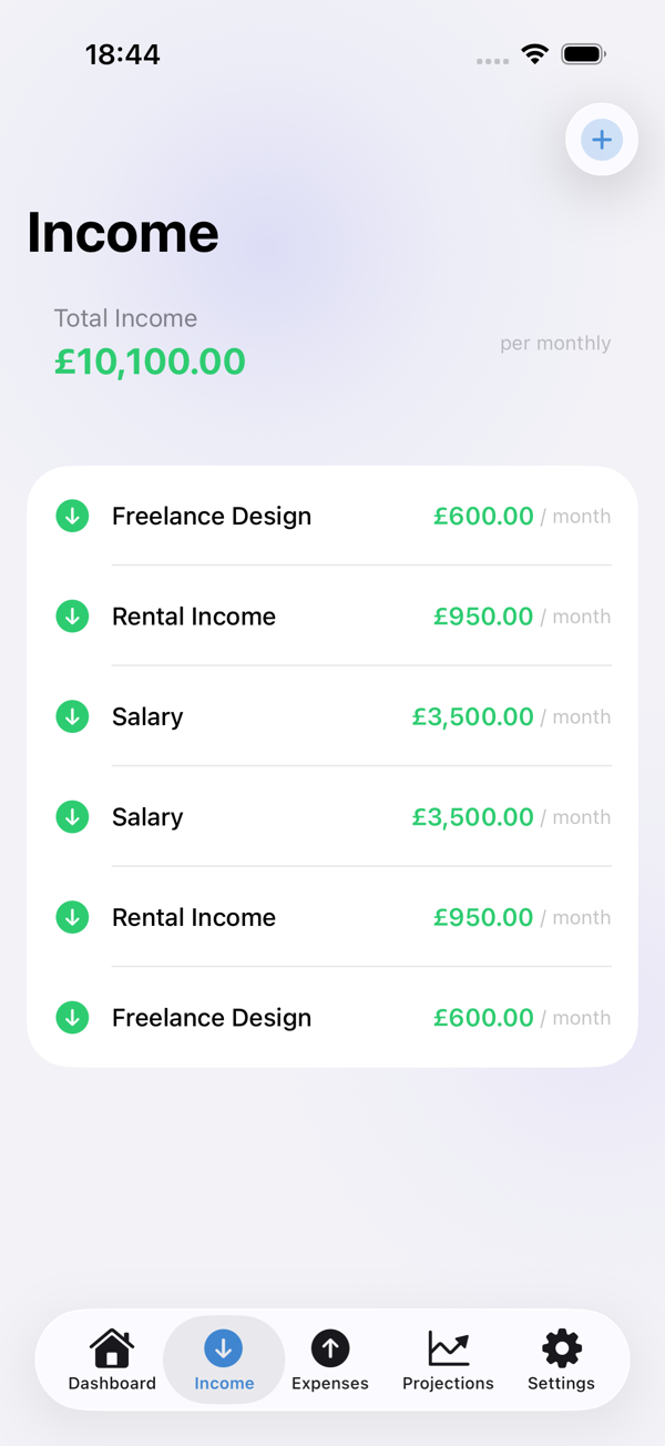 Income tracking screen showing salary, freelance, and rental income