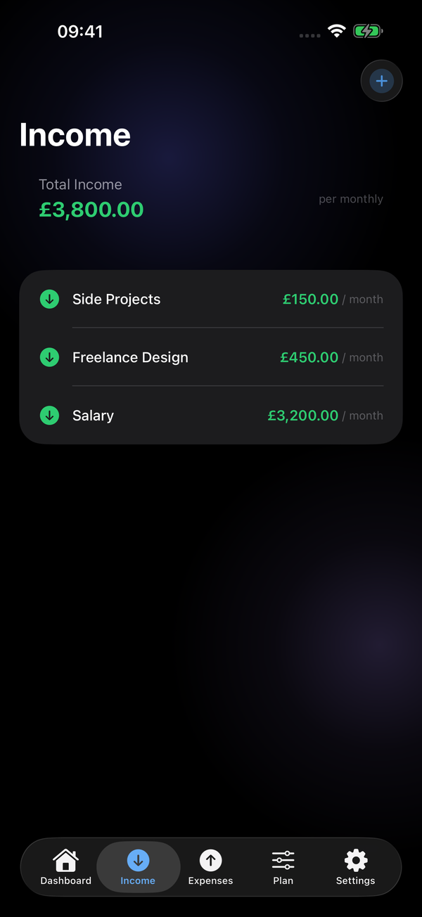 Income tracking screen showing salary, freelance, and rental income