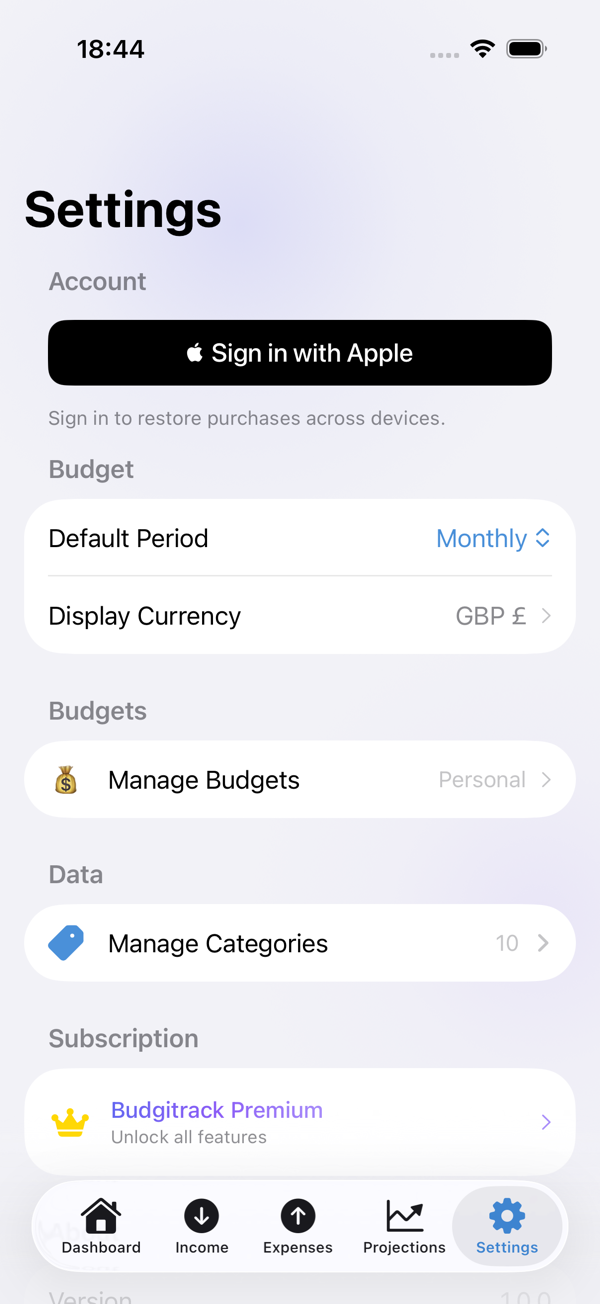 Settings screen showing budget preferences, categories, and subscription options